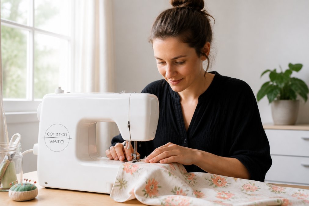 Person sitting at a sewing machine working on a simple fabric project with natural window lighting, expression showing concentration and quiet accomplishment