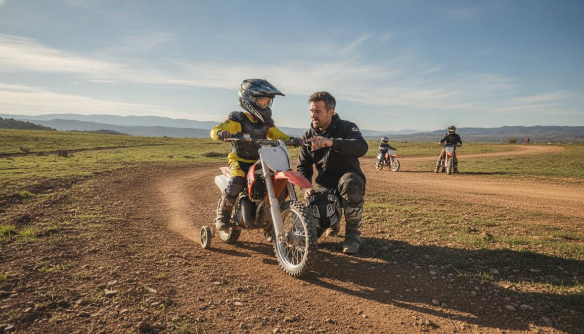Young beginner rider in full protective gear demonstrating proper body positioning on a dirt bike during a closed-course training session, with instructor visible in background