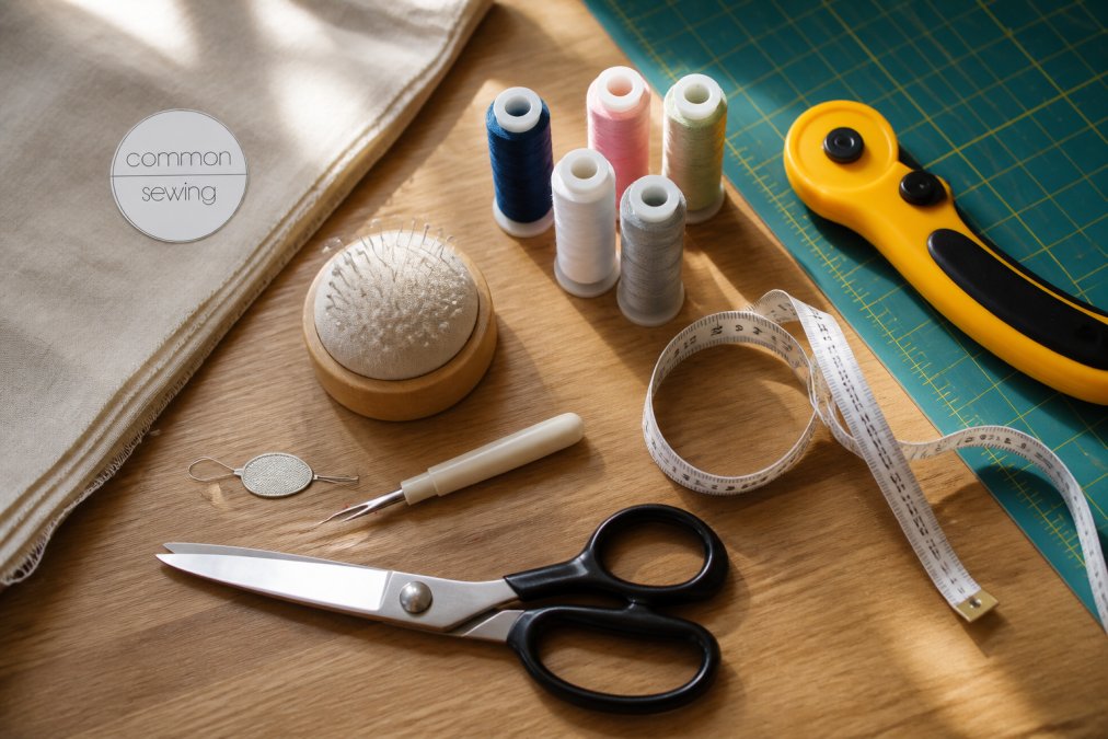 Flat lay of beginner sewing supplies arranged neatly on a wooden table: fabric shears, rotary cutter, cutting mat, measuring tape, pins, needle threader, seam ripper, and thread spools in various colors with natural window lighting