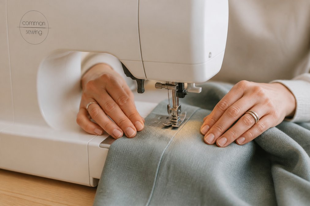 Close-up of hands working at a sewing machine, stitching a simple garment with fabric feed visible, showing proper hand positioning and presser foot engagement with natural lighting