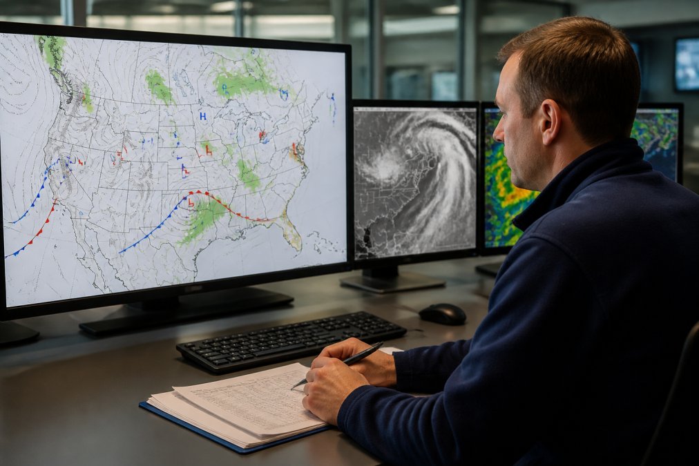 Dispatcher analyzing synoptic weather chart with pressure systems and fronts on large monitor while monitoring satellite and radar imagery on adjacent screens in operations center