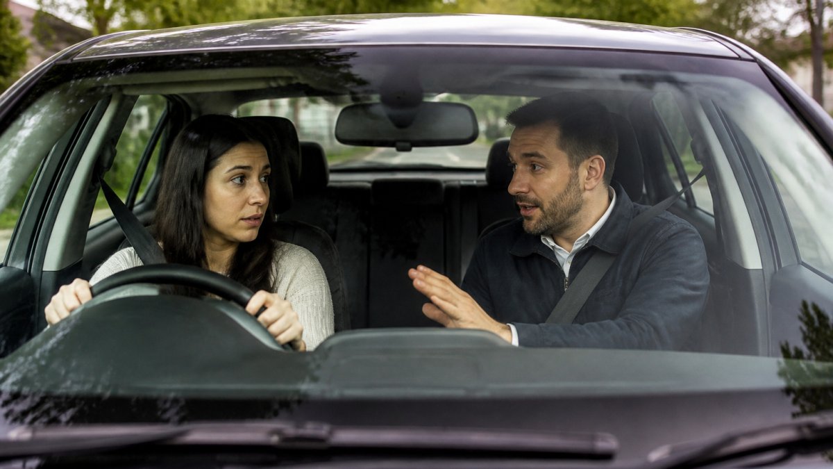 Supportive driving instructor guiding a nervous student learning to drive as an adult in a car.