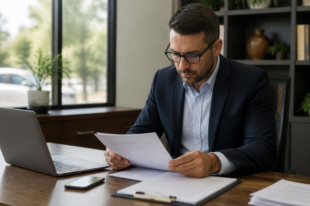 Professional reviewing insurance documents and lease paperwork at desk with laptop and phone nearby, natural office lighting