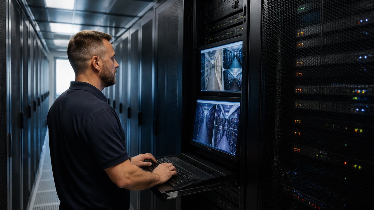 Professional data center technician monitoring multiple server racks on display screens with real-time performance metrics visible