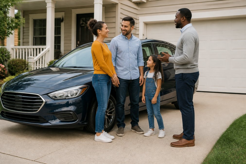 A young family standing beside a parked sedan in a residential driveway, discussing vehicle options with genuine smiles and engaged body language in natural daylight