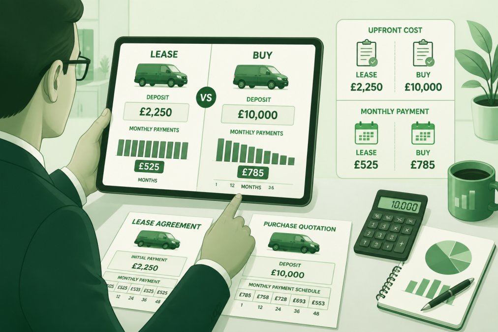 Professional illustration showing leasing vs buying vans