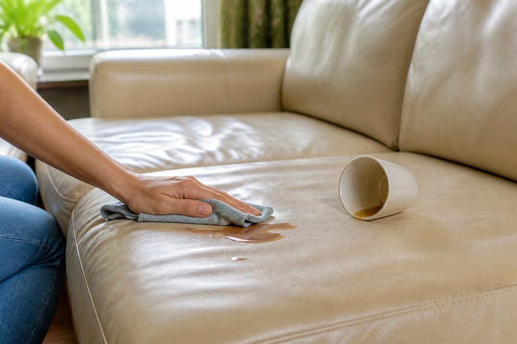 Close-up of a hand gently wiping a fresh coffee stain from a beige leather sofa cushion with a microfibre cloth, natural light from a window, living room setting