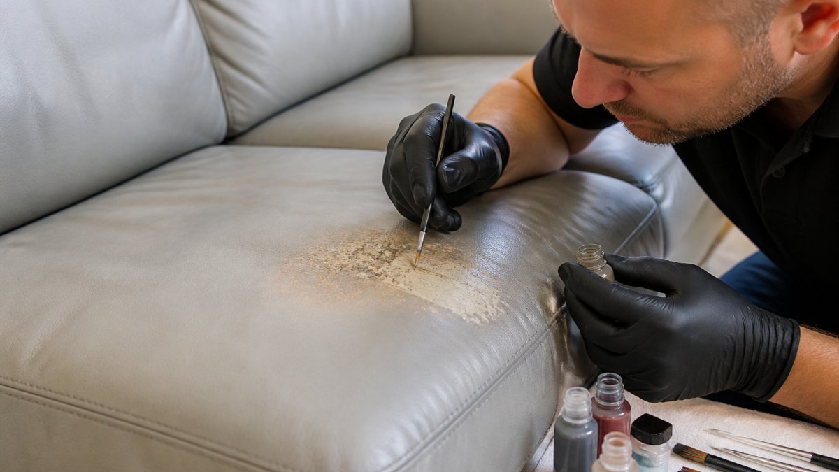 Step-by-step process of professional leather sofa colour matching using precision dye application techniques.