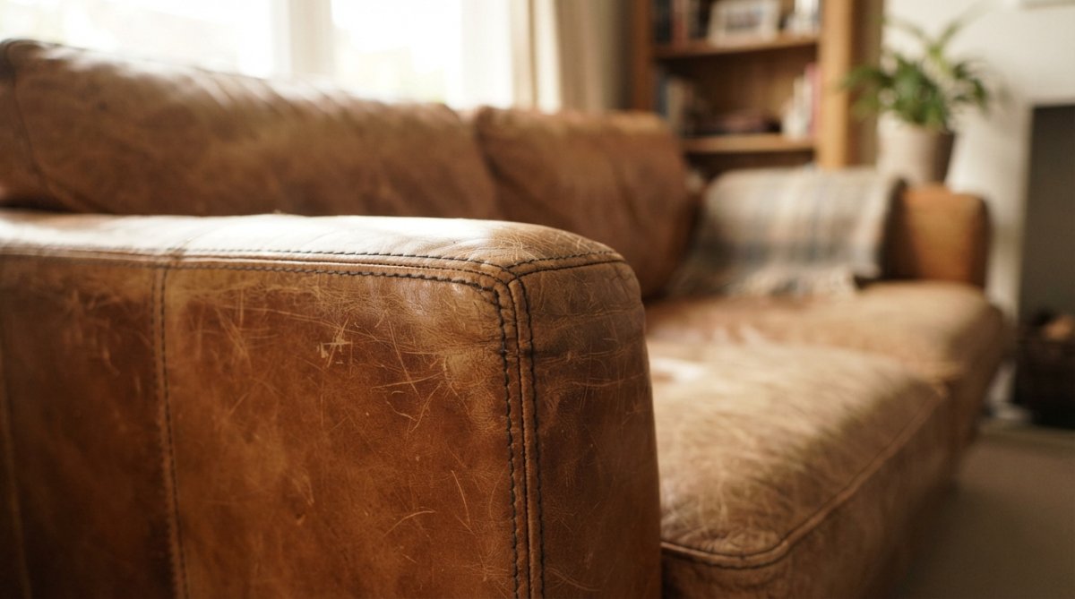 Close-up of a well-worn leather sofa showing natural patina and character marks, with warm natural light highlighting the texture and depth of the material