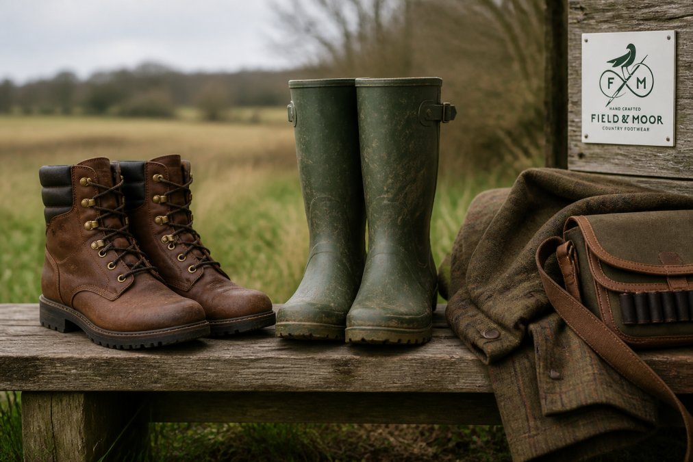 A pair of brown leather shooting boots and a pair of green rubber wellingtons placed side by side on a weathered wooden bench outdoors, with a tweed shooting jacket and cartridge bag nearby