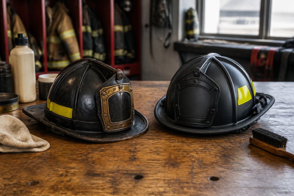 Two fire helmets side by side on a wooden workbench: one traditional leather helmet with worn brim and brass front holder, one modern composite helmet with matte finish. Natural light from a station window, leather care supplies and tools nearby