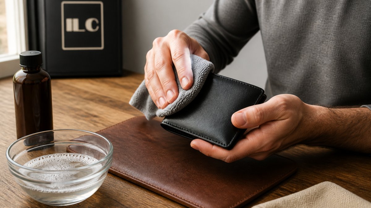 Close-up of a man's hands wiping a black leather bifold wallet with a soft microfiber cloth on a wooden desk, with a small bowl of soapy water and a leather conditioner bottle nearby in soft natural light