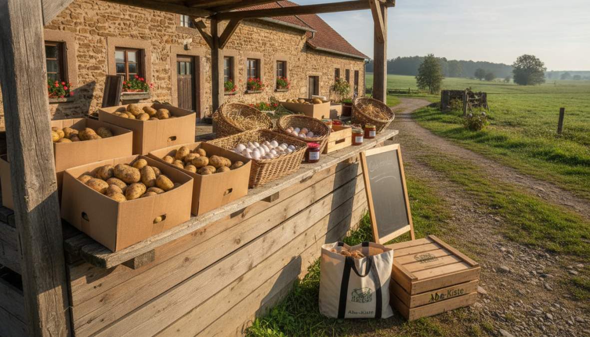 Rustikaler Holzverkaufsstand auf einem österreichischen Bauernhof am Vormittag, beladen mit frischem Gemüse, Eiern in Kartons und Gläsern mit selbstgemachter Marmelade, Sonnenlicht fällt schräg über die Produkte