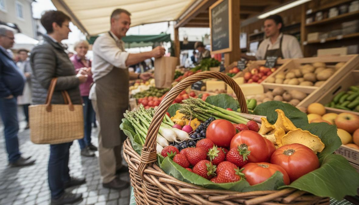 Nahaufnahme eines geflochtenen Korbs gefüllt mit saisonalem Gemüse und Obst auf einem österreichischen Wochenmarkt, die Hände eines Bauern ordnen die Produkte, warmes Herbstlicht beleuchtet die Szene