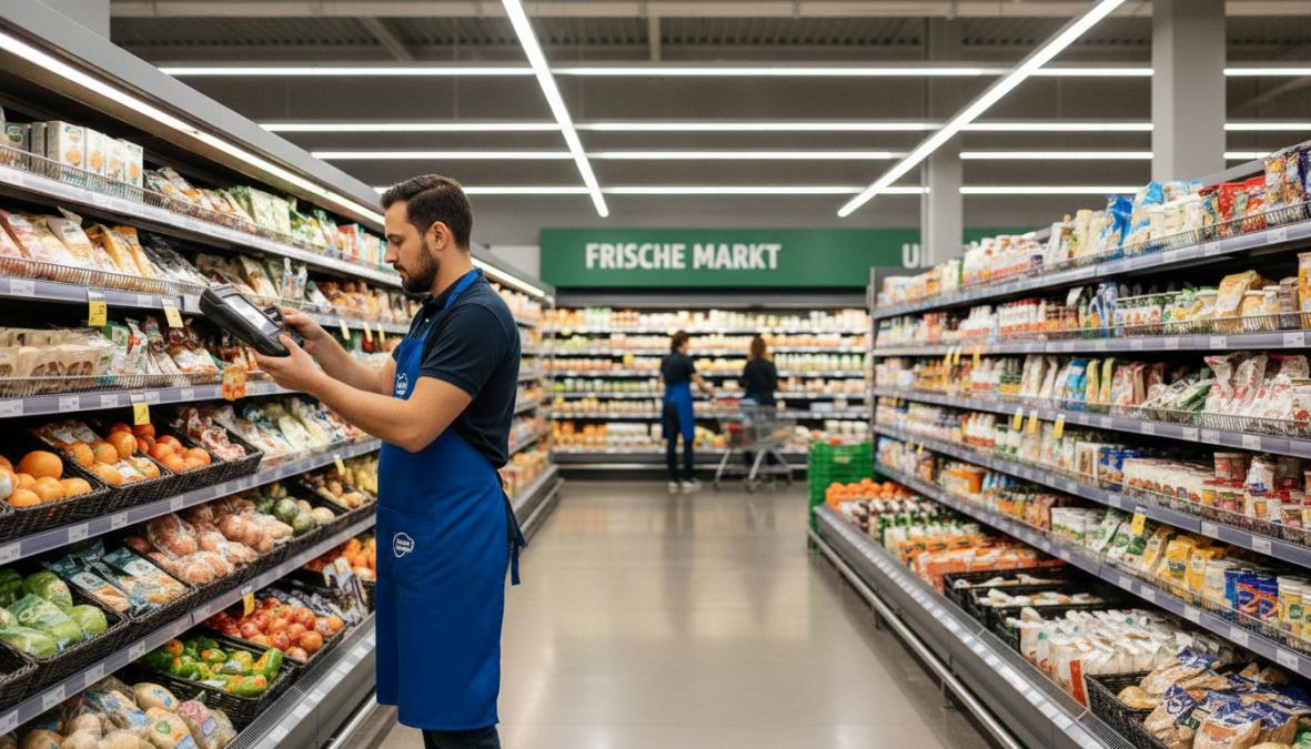 Supermarktmitarbeiter nutzt Handscanner zur Bestandsoptimierung im Lebensmittelhandel Branchentrends 2025
