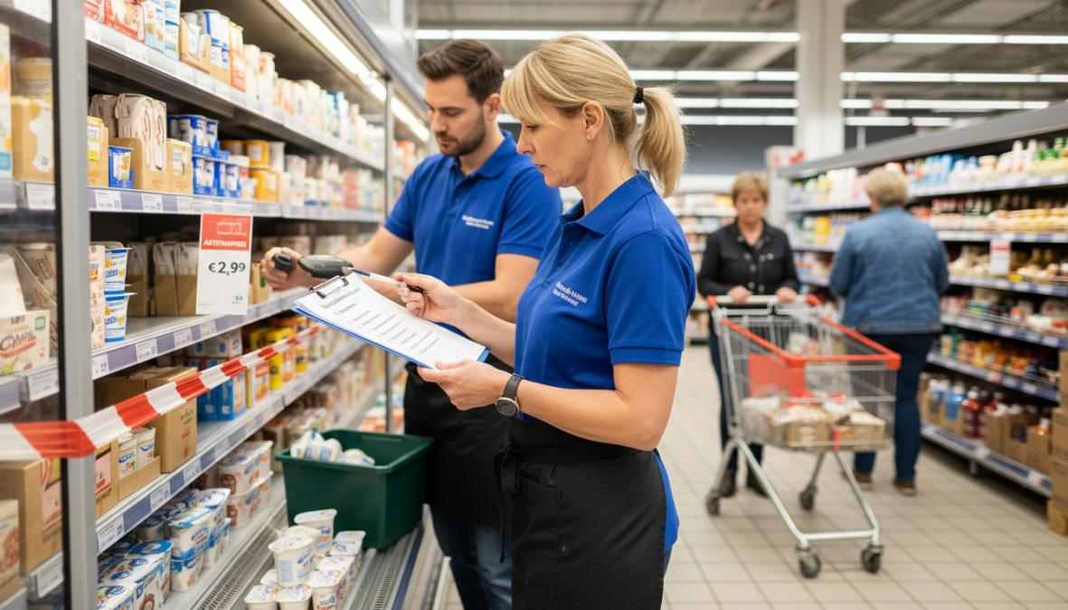 Filialleiter prüft Checkliste für den lebensmittelrückruf prozess für filialleiter, während ein Kollege Regale leert.