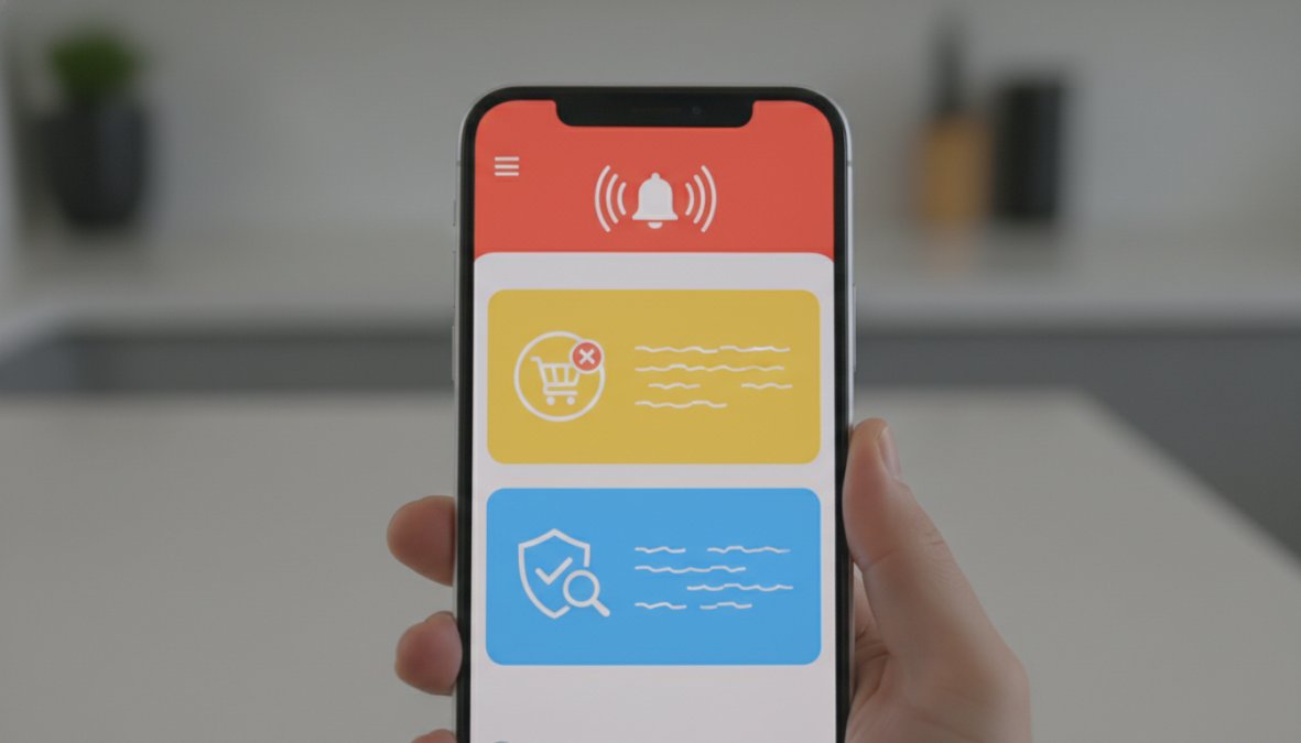 Nahaufnahme von Händen, die ein Smartphone halten, auf dem eine Lebensmittelwarnung-Website geöffnet ist, im unscharfen Hintergrund sind Supermarktregale mit Produkten zu sehen