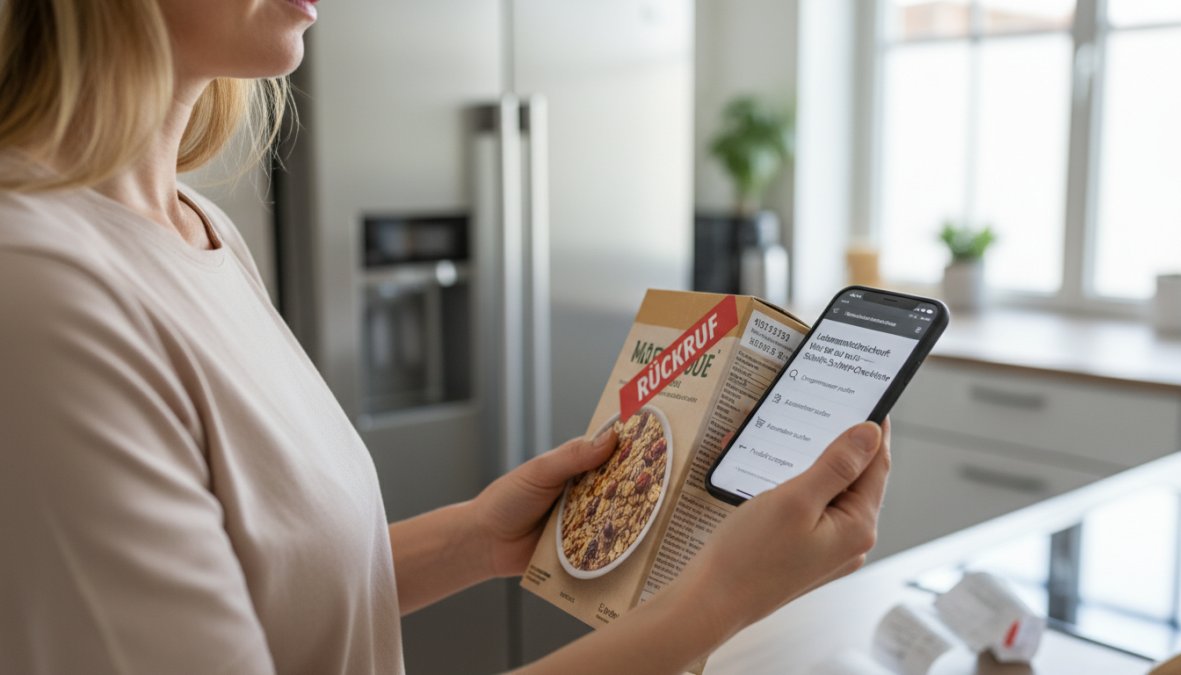 Person vergleicht bei einem Lebensmittelrückruf was ist zu tun die Chargennummer auf einer Packung mit dem Smartphone