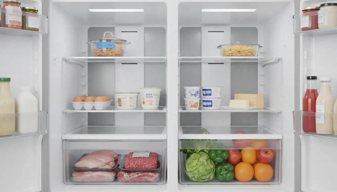 Geöffneter Kühlschrank mit Lebensmitteln zur Lebensmittelsicherheit für Verbraucher erklärt: Fleisch unten, Milch und Gemü...