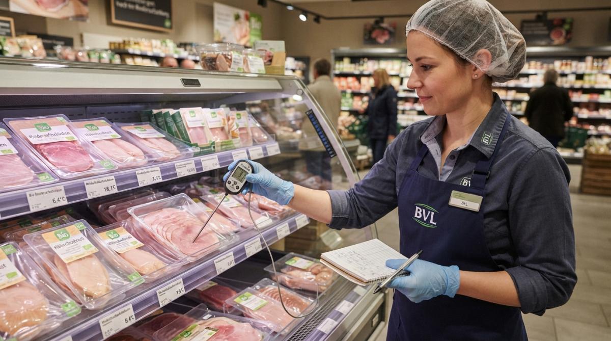 Mitarbeiter prüft die Temperatur einer Kühlvitrine für die Lebensmittelsicherheit Handel mit einem digitalen Thermometer.