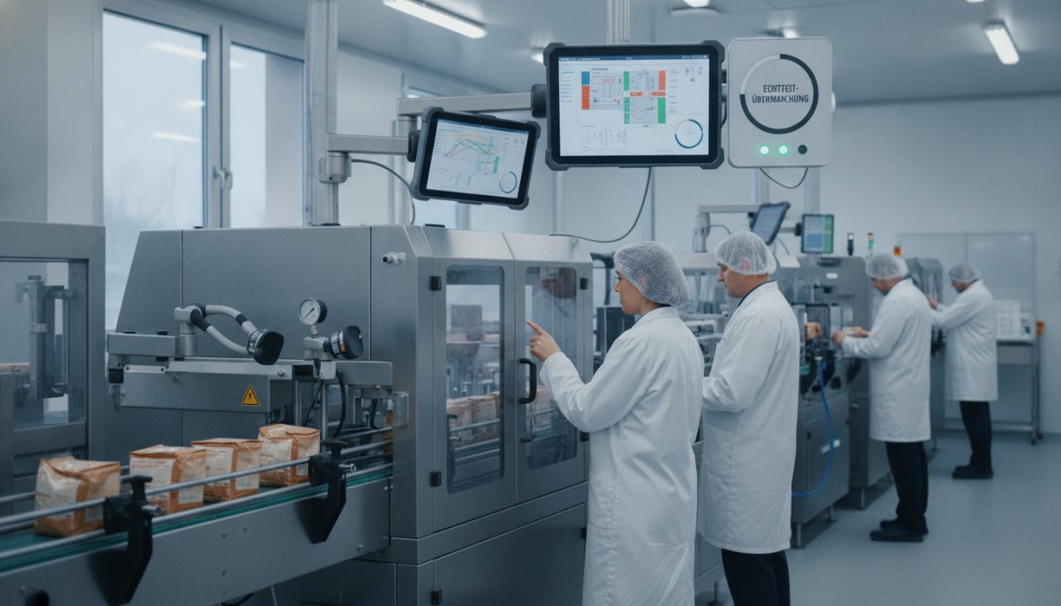 Techniker überwachen moderne Lebensmittelproduktion mit Sensoren für lebensmittelsicherheit und verbraucherschutz trends