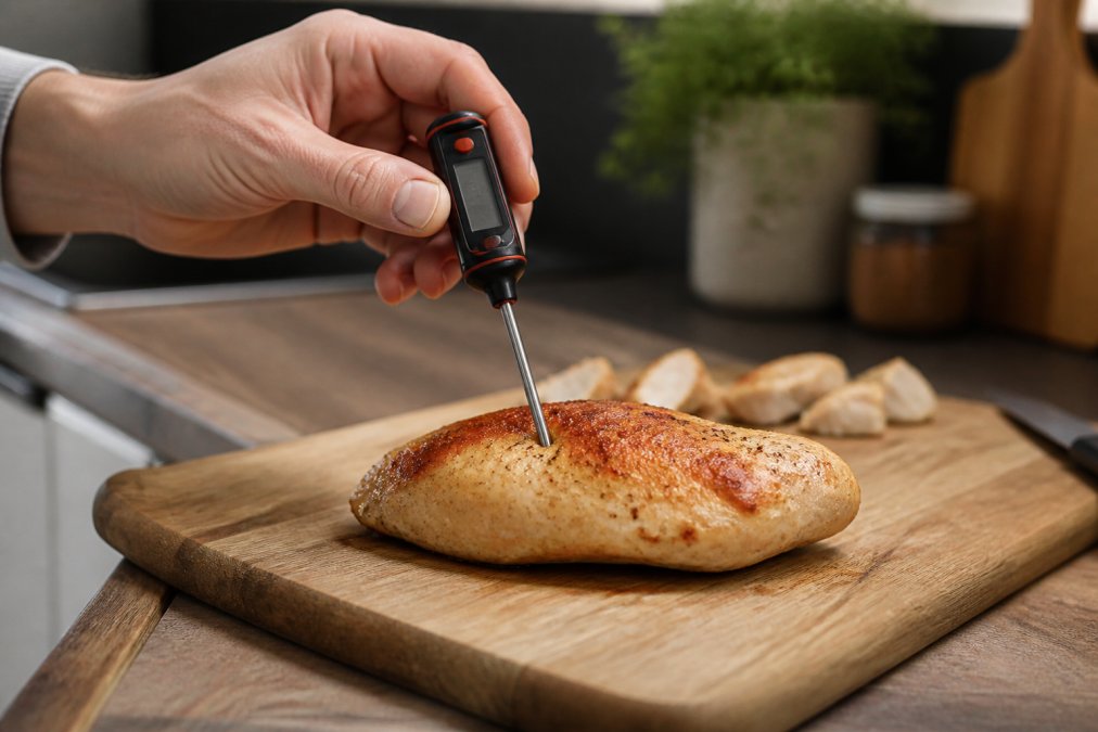 Hand misst mit einem Thermometer die Kerntemperatur einer Hähnchenbrust, um eine Lebensmittelvergiftung durch Hähnchen
