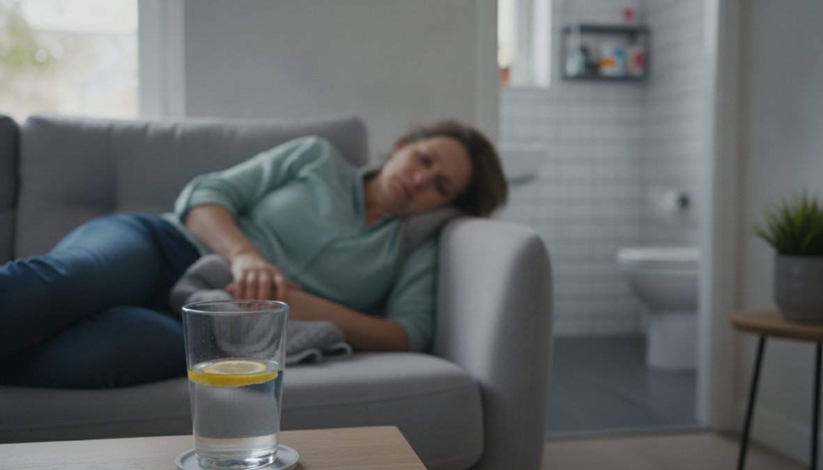 Person mit Lebensmittelvergiftung was tun: Eine Person sitzt mit einem Glas Wasser auf dem Sofa, im Hintergrund das Badezi...