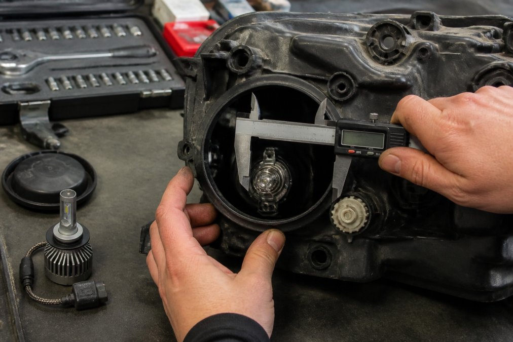 Mechanic's hands using a digital caliper to measure the interior depth of a headlight housing, with the caliper positioned against the back wall and the bulb base visible in sharp focus under bright workshop lighting