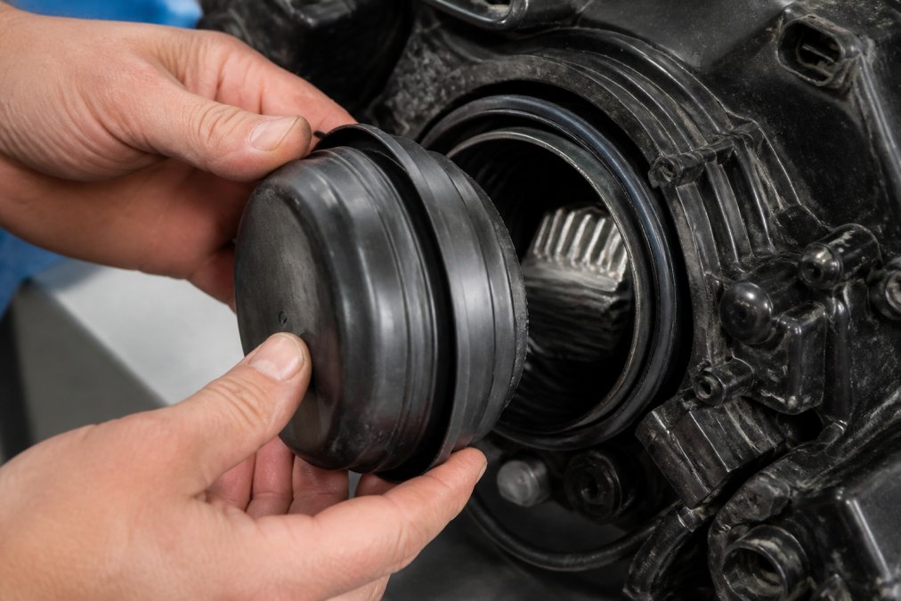 Hands installing an extended rubber dust cover onto a headlight assembly, showing the gasket alignment and the extended cap being seated into the housing with the LED heatsink visible in the background under workshop lighting