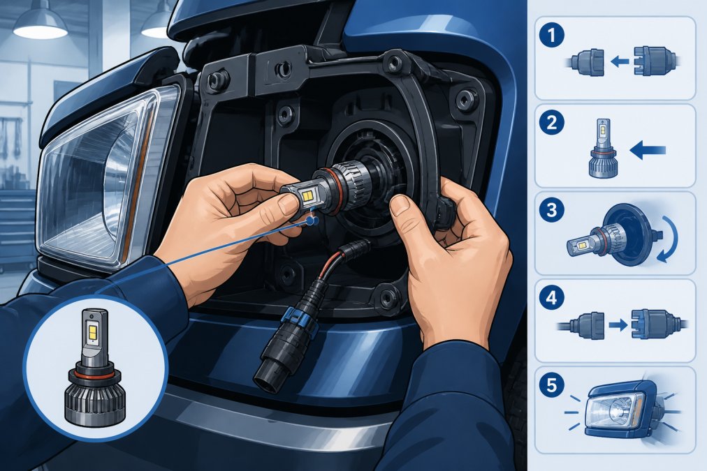 Close-up of a person's hands installing an LED bulb into a truck headlight housing in a garage, with the wiring harness visible and the headlight assembly partially removed, workshop lighting overhead