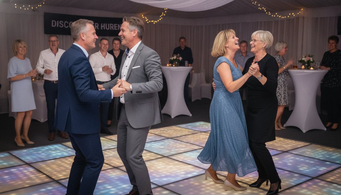 Feestende gasten die dansen op een verlichte led dansvloer huren voor jubileum met kleurrijke reflecties op de vloer.