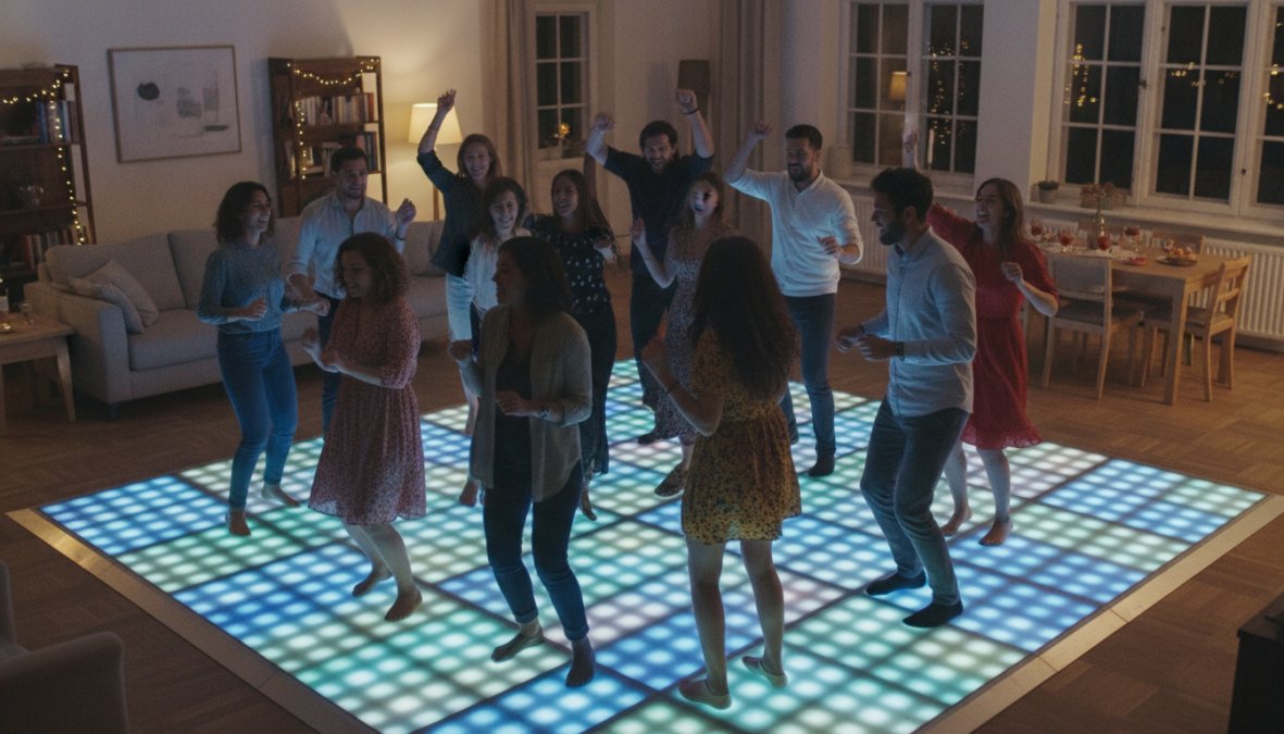 Groep vrienden dansend op een verlichte LED dansvloer tijdens een thuisfeest, vrolijk en energiek, met RGB-verlichting in verschillende kleuren die blauw en paars schijnen