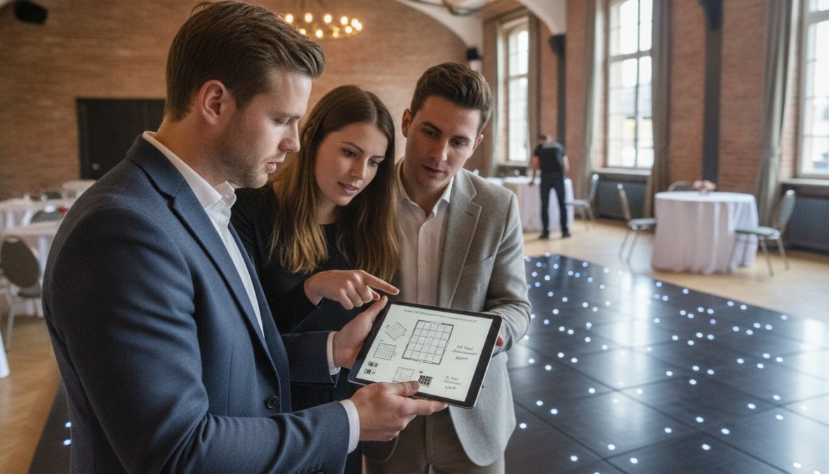 Event planner bespreekt opstellingen voor led dansvloer huren vs zelf kopen met klanten op locatie