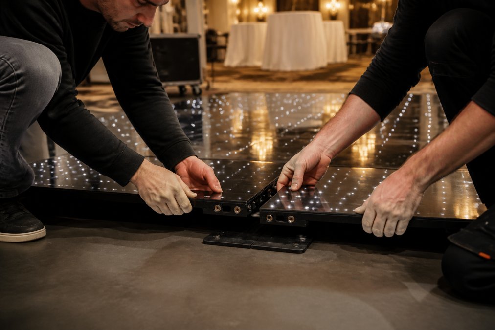 Twee technicians koppelen LED-tegels aan elkaar met magnetische verbindingen, koperen contactpunten zichtbaar, handen die de panelen voorzichtig uitlijnen in een feestzaal