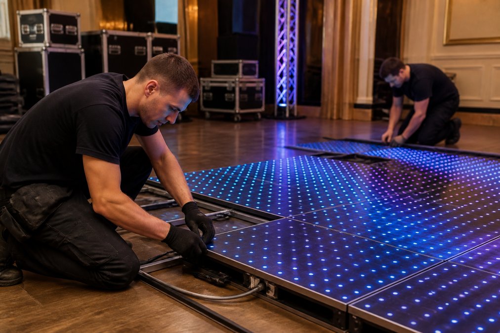 Technicus installeert modulaire LED dansvloertegels op een evenementenlokatie, tegels worden zorgvuldig op elkaar aangesloten, elektriciteit wordt aangesloten via professionele kabelwerk