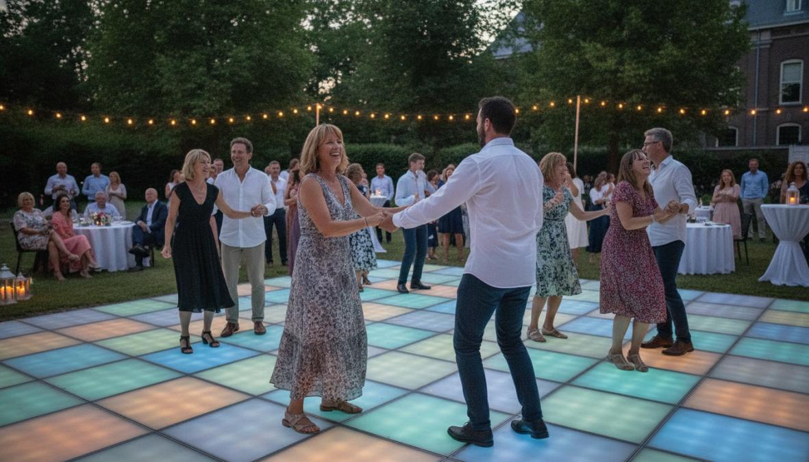 Feestgangers dansen op een kleurrijke led dansvloer buiten in de avond, met Petra Keizer die geniet van de sfeer.