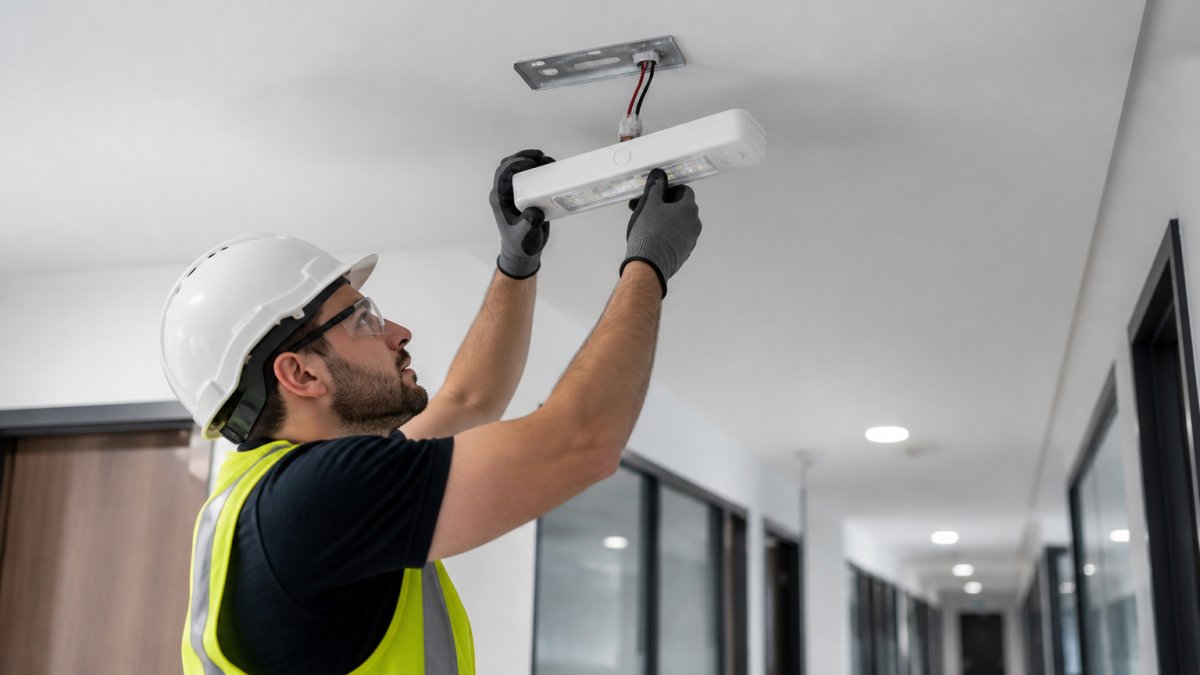 Electrician installing an LED emergency lighting fixture on a modern office corridor ceiling