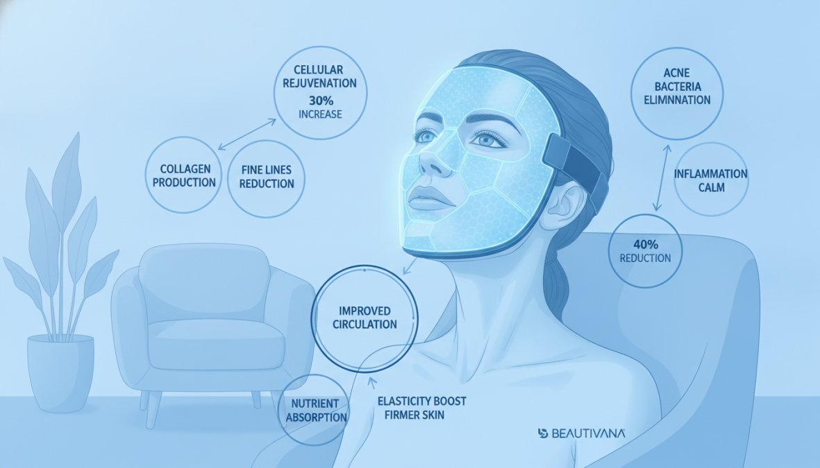 Woman wearing a glowing LED facial mask in a spa-like home setting with soft ambient lighting, showing the device in use
