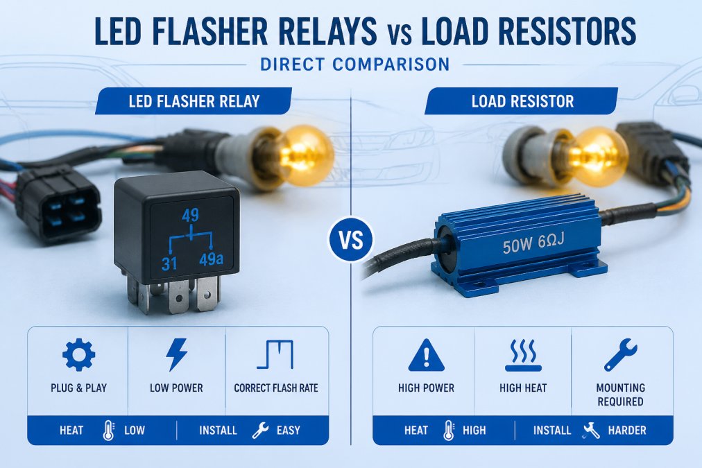 Close-up of an LED flasher relay and load resistor placed side by side on a workbench, showing physical construction differences, with a vehicle turn signal bulb and wiring harness visible in the background