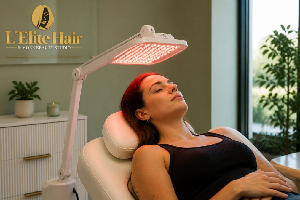 Woman relaxing in a spa chair while receiving LED hair therapy for scalp health