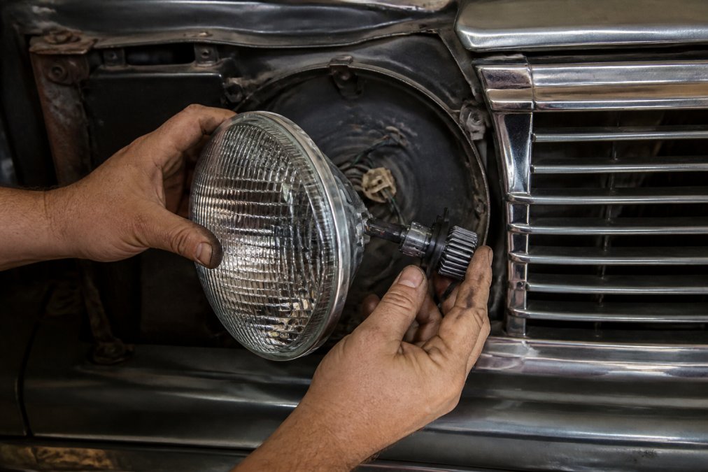 Mechanic's hands installing a 7-inch round LED headlight conversion kit into a classic car's sealed beam housing, showing the rotating bulb base alignment and connector fitting with precision tools