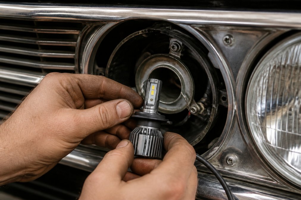 Mechanic's hands installing an LED headlight conversion kit into a classic car's sealed beam housing, showing the rotating bulb base adjustment, connector alignment, and the factory retaining ring in the background