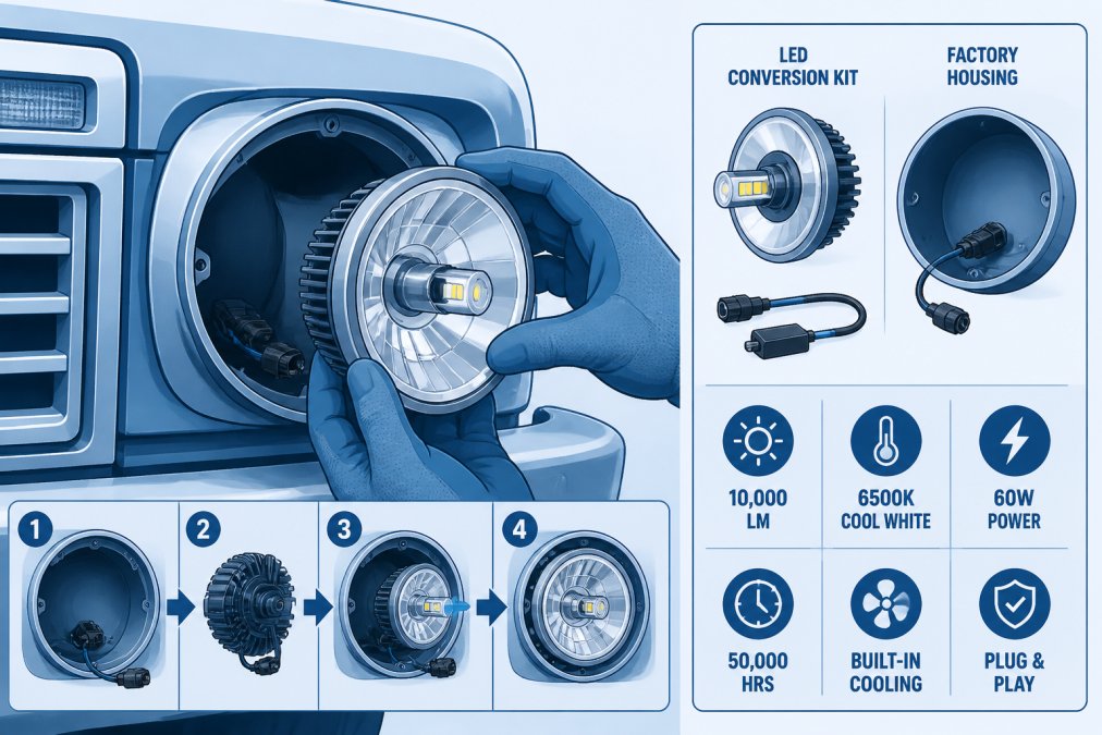 Close-up of a classic truck's round sealed beam headlight housing with a technician's hands installing a new LED conversion kit, showing the factory housing opening and the precision reflector being positioned inside