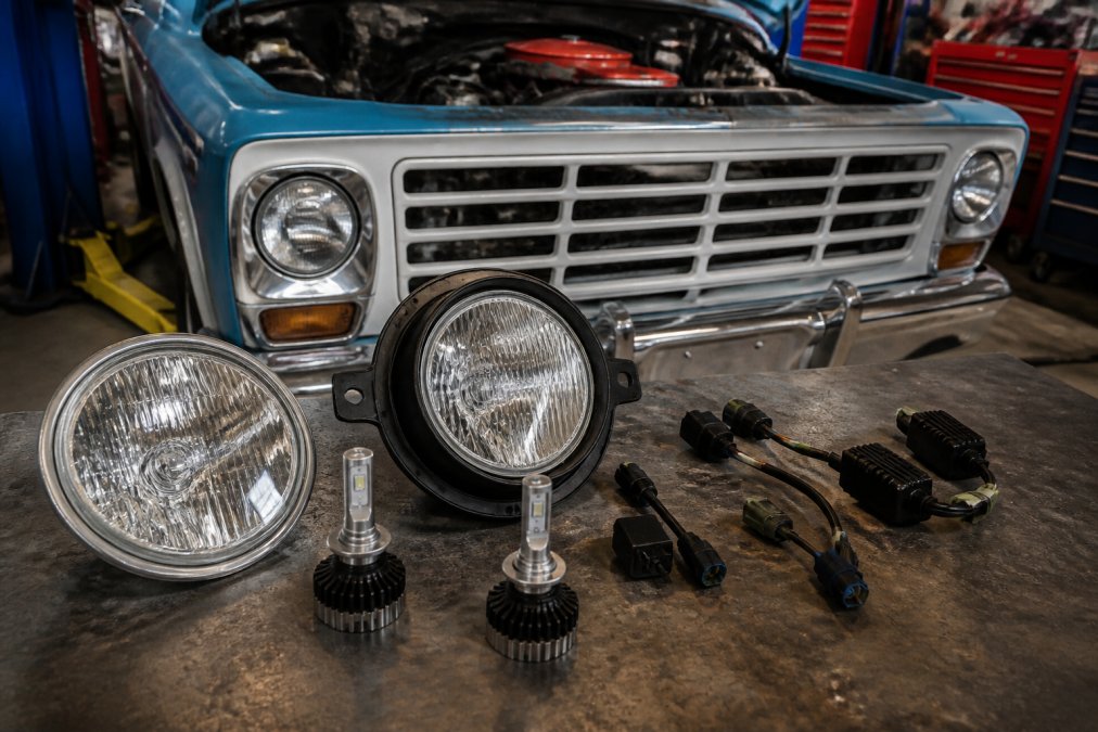 Mechanic's workbench displaying LED headlight conversion kit components including sealed beam reflector housings, H4 LED bulbs with mini projector lenses, harness adapters, and thermal management heat sinks, with a classic truck's engine bay visible in the background under workshop lighting