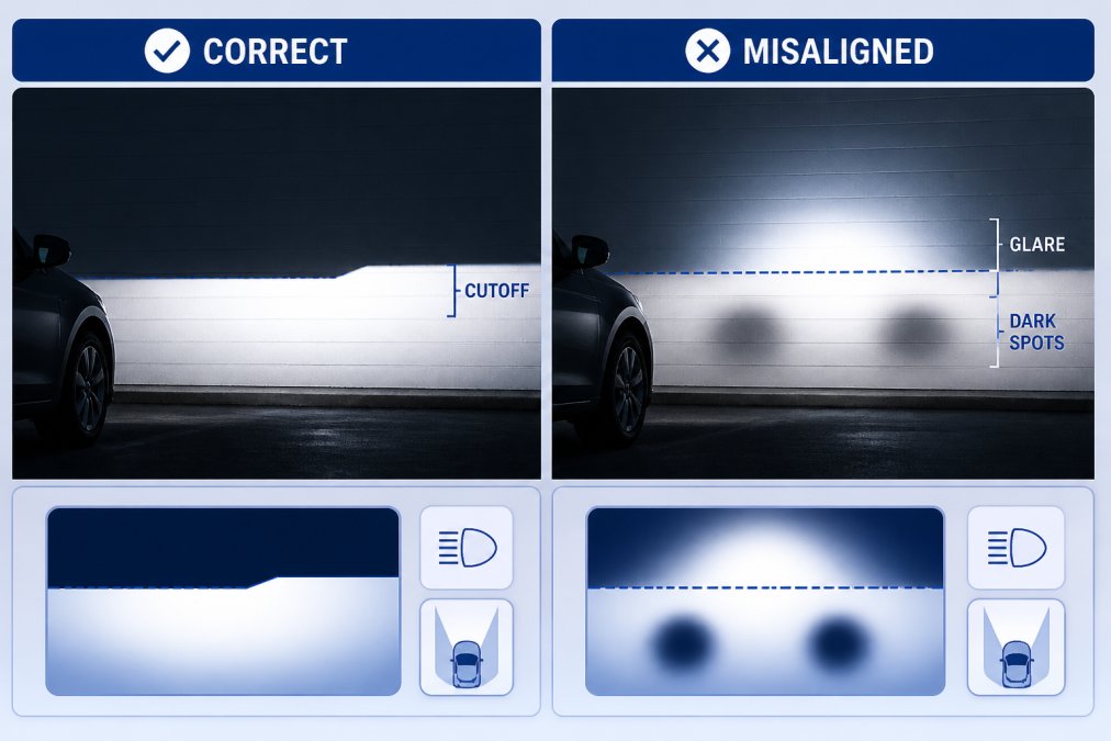 Close-up of vehicle headlight beam pattern projected on wall at night, showing sharp horizontal cutoff line with bright lower beam and dark area above, compared to misaligned pattern with glare above cutoff and dark spots in beam center