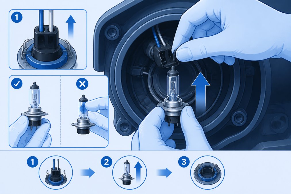 Close-up of hands carefully removing a factory halogen bulb from a vehicle's headlight housing, showing the socket connection and the proper grip technique used during LED headlight conversion kit installation