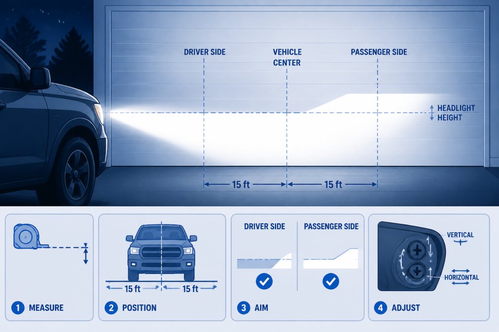Vehicle parked in front of a wall or garage door at night with LED headlights illuminated, showing the beam pattern projection and proper alignment on the surface during LED headlight conversion kit installation