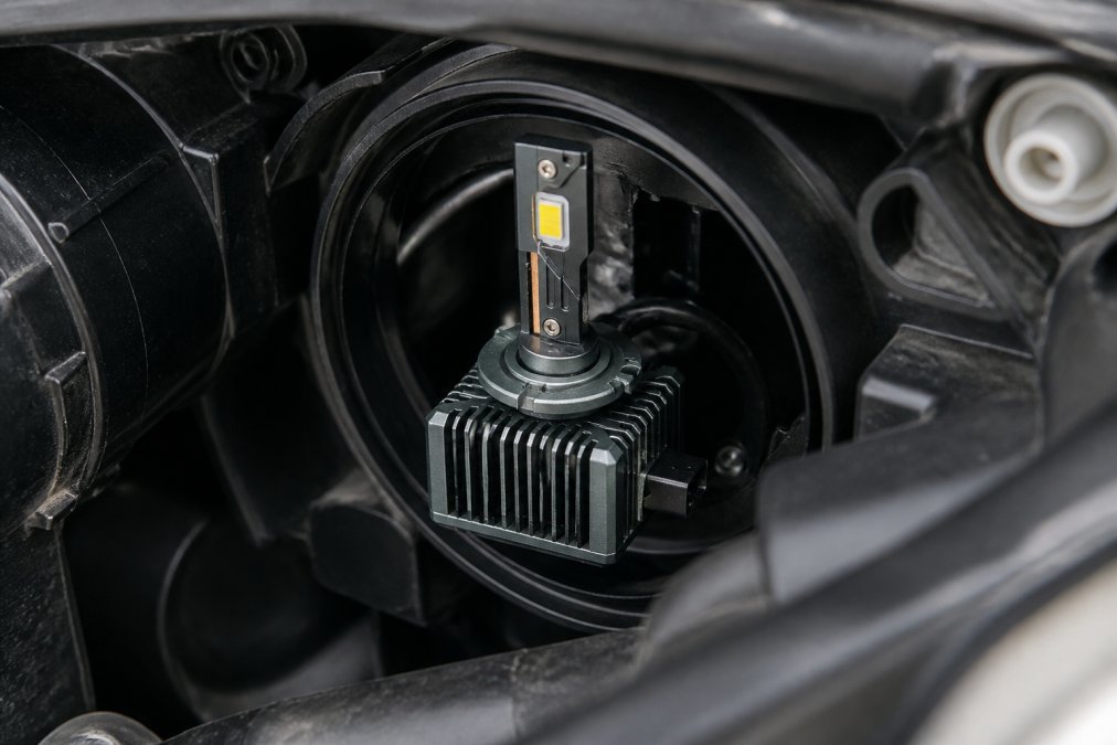 Close-up of an LED headlight bulb with visible cooling fins and aluminum heat sink mounted in a vehicle headlight assembly, showing the thermal interface components