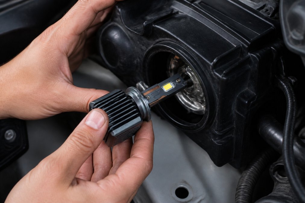 Mechanic's hands installing an LED headlight bulb into a vehicle headlight housing, showing the thermal interface connection and proper seating of the cooling fins