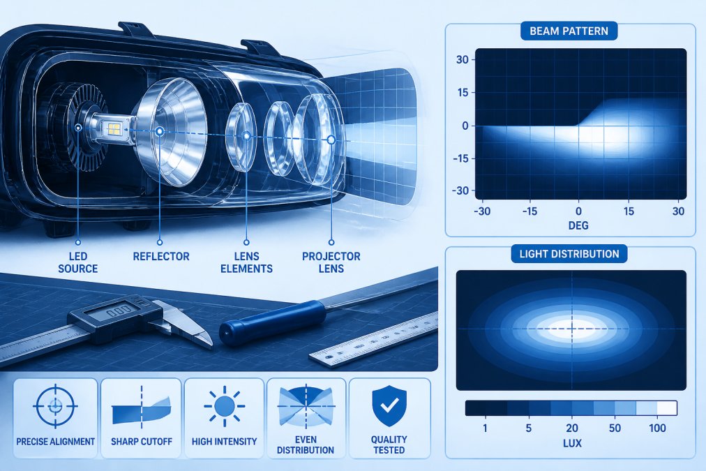 Close-up of LED headlight assembly showing internal reflector housing with precise optical alignment, lens elements, and light projection pattern visible through transparent housing on workbench with measurement tools